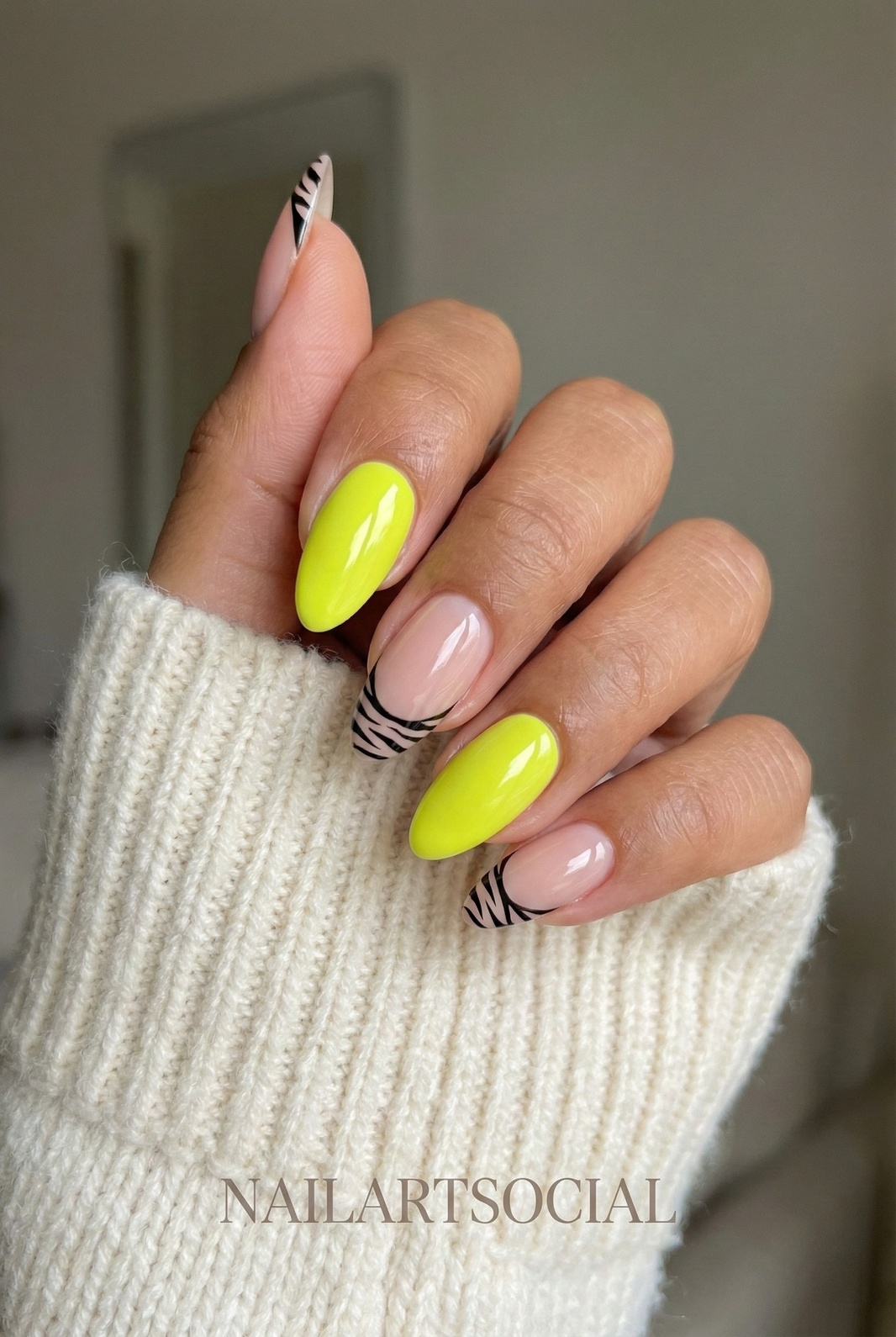 Neon Yellow Almond with Zebra French